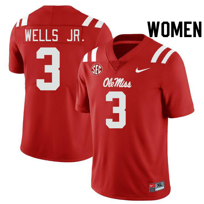 Women #3 Antwane Wells Jr. Ole Miss Rebels College Football Jerseys Stitched-Red